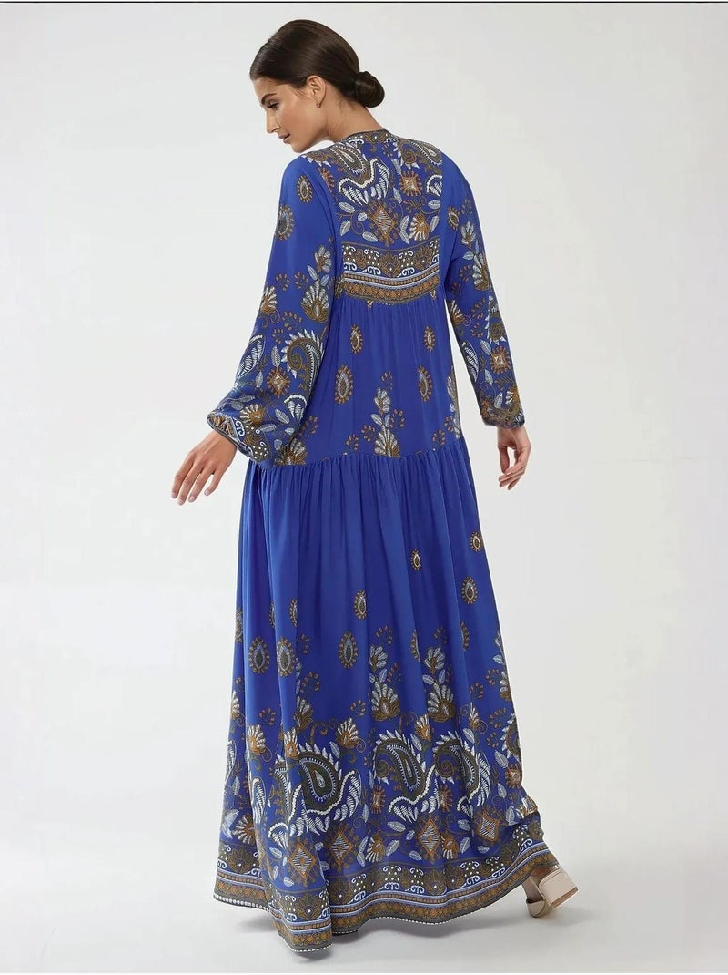 Robe longue imprimée à manches longues en viscose Bleu électrique - Kiabi