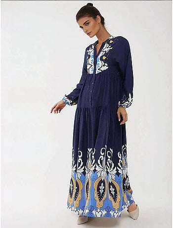 Robe longue imprimée à manches longues en viscose