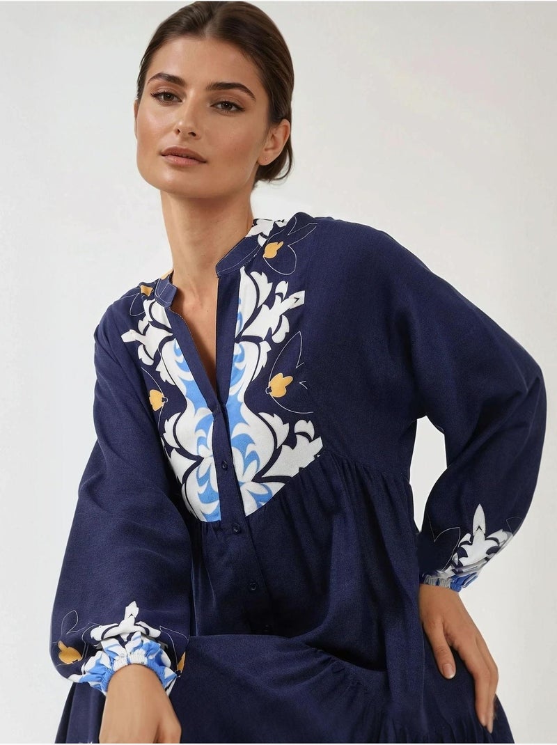 Robe longue imprimée à manches longues en viscose Bleu marine - Kiabi