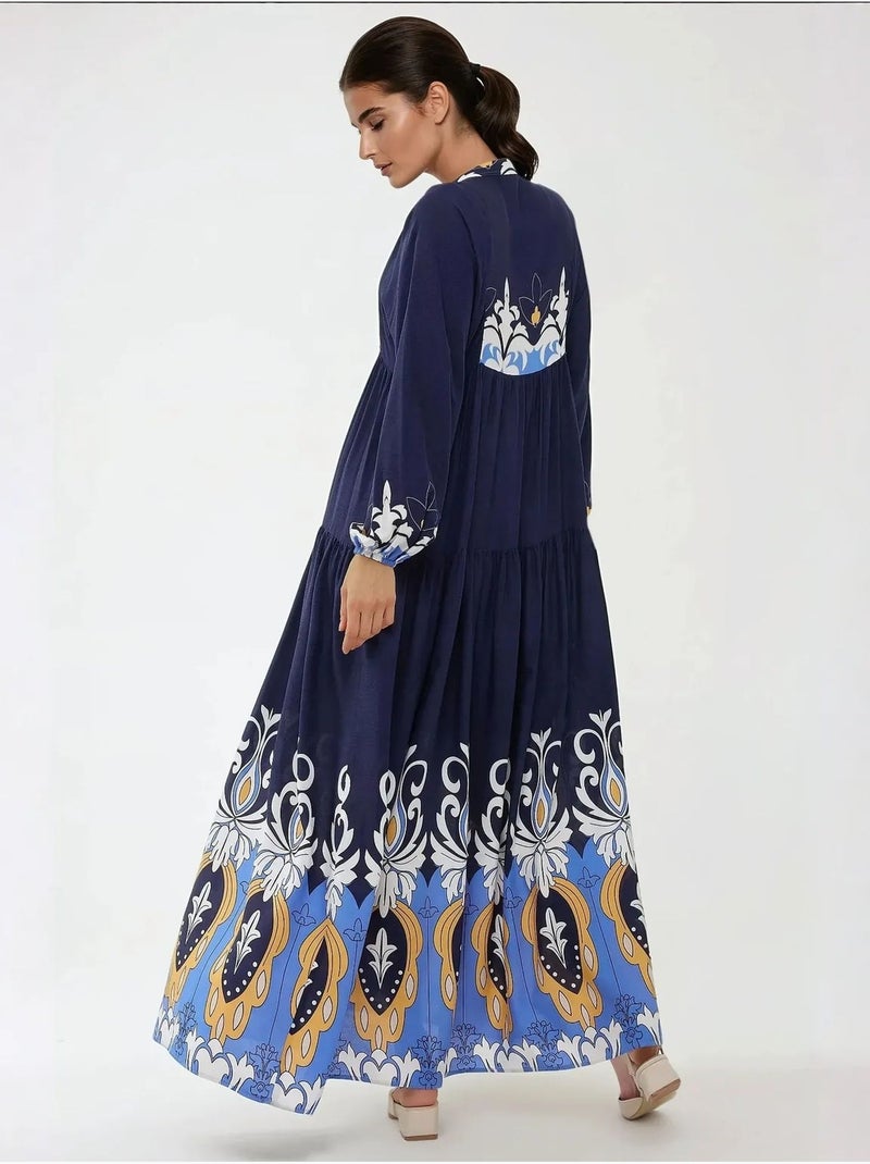 Robe longue imprimée à manches longues en viscose Bleu marine - Kiabi