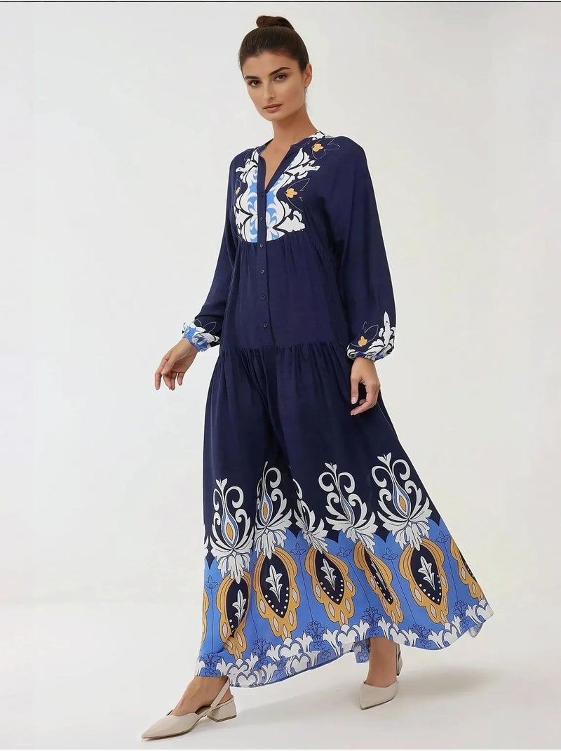 Robe longue imprimée à manches longues en viscose Bleu marine - Kiabi