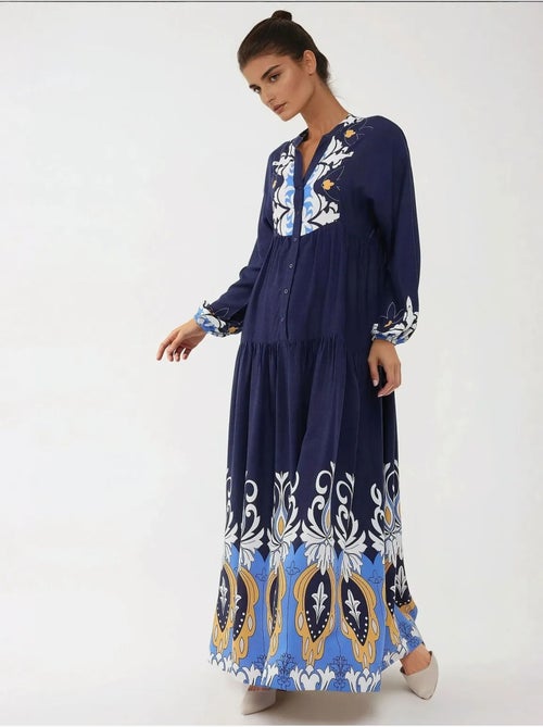 Robe longue imprimée à manches longues en viscose - Kiabi