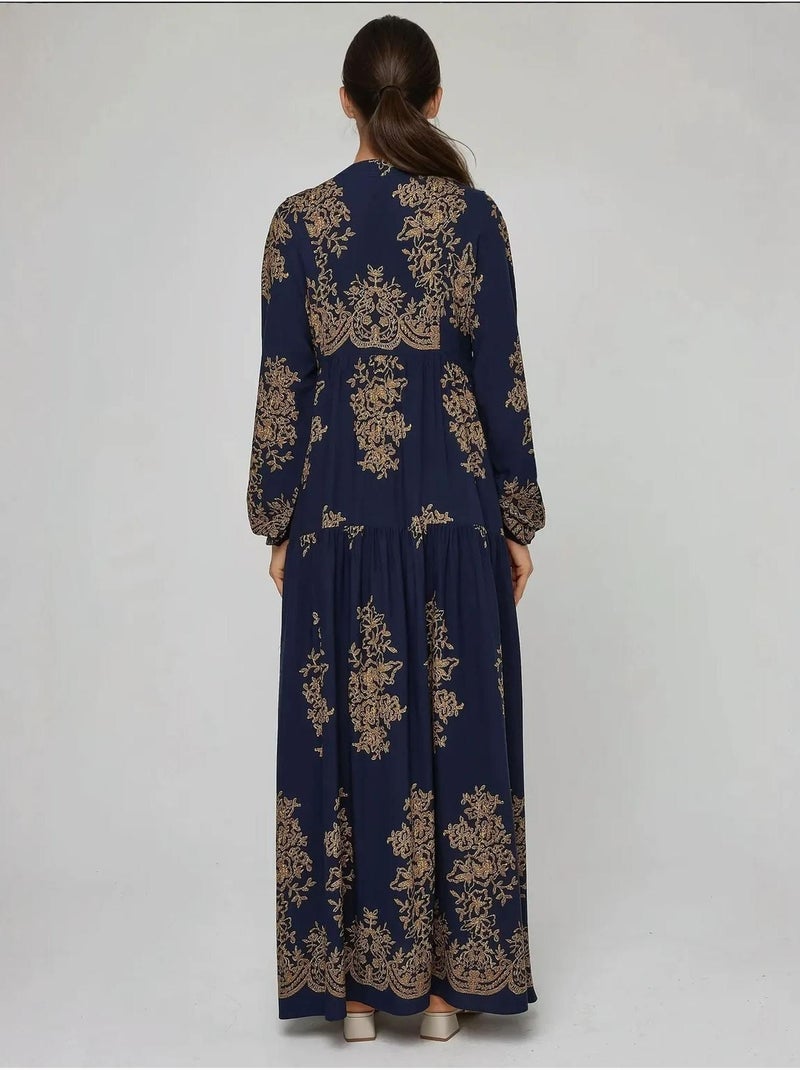 Robe longue imprimée à manches longues en viscose Bleu marine - Kiabi