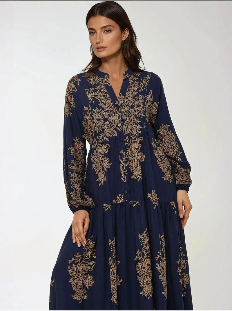 Robe longue imprimée à manches longues en viscose Bleu marine - Kiabi
