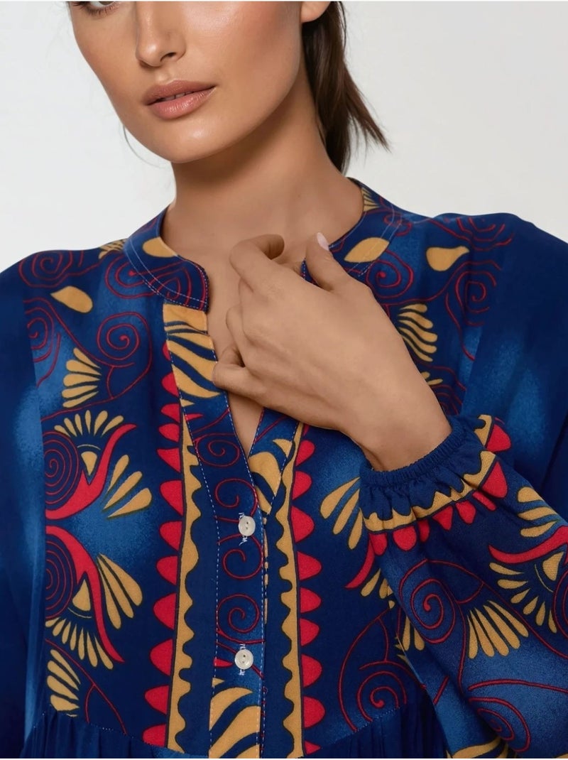 Robe longue imprimée à manches longues en viscose Bleu marine - Kiabi