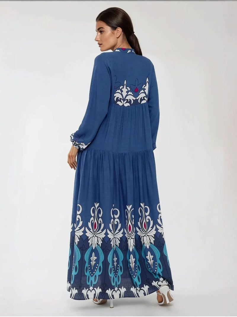 Robe longue imprimée à manches longues en viscose Bleu - Kiabi