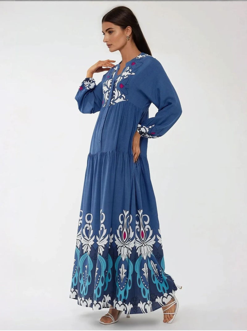 Robe longue imprimée à manches longues en viscose Bleu - Kiabi