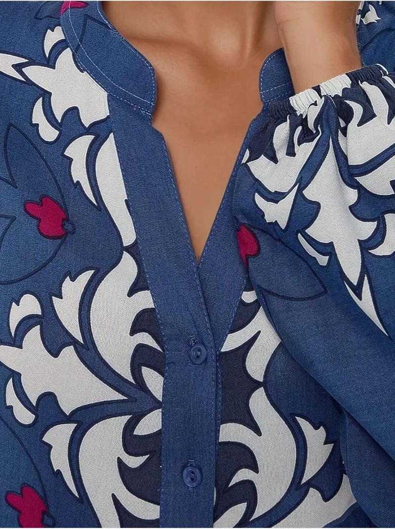 Robe longue imprimée à manches longues en viscose Bleu - Kiabi