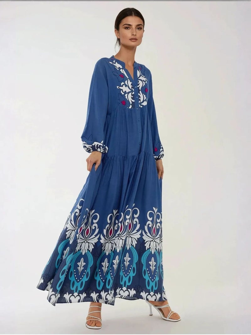 Robe longue imprimée à manches longues en viscose Bleu - Kiabi