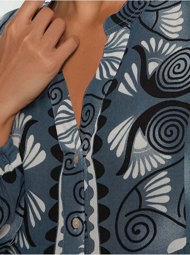 Robe longue imprimée à manches longues en viscose Gris - Kiabi