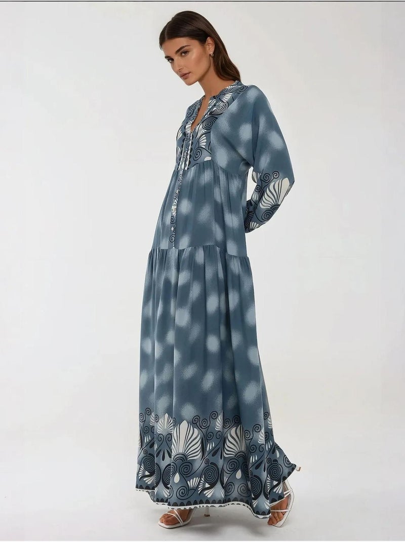 Robe longue imprimée à manches longues en viscose Gris - Kiabi