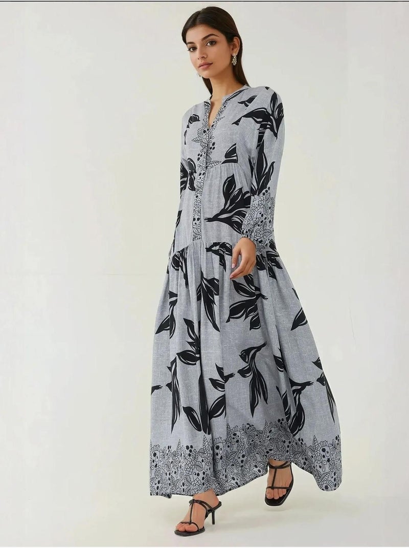 Robe longue imprimée à manches longues en viscose Gris - Kiabi