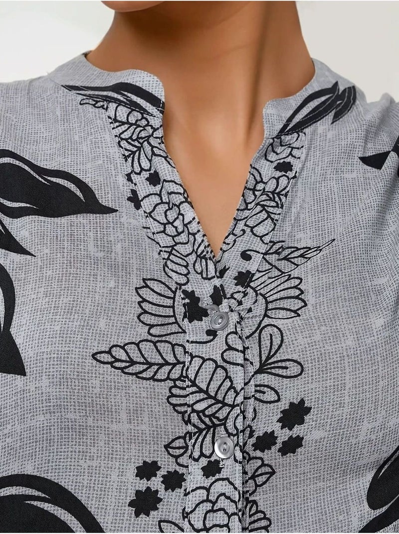 Robe longue imprimée à manches longues en viscose Gris - Kiabi