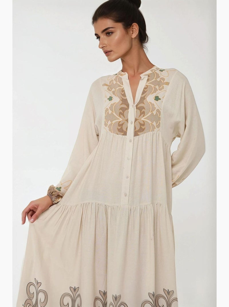 Robe longue imprimée à manches longues en viscose hiccup Beige argile - Kiabi