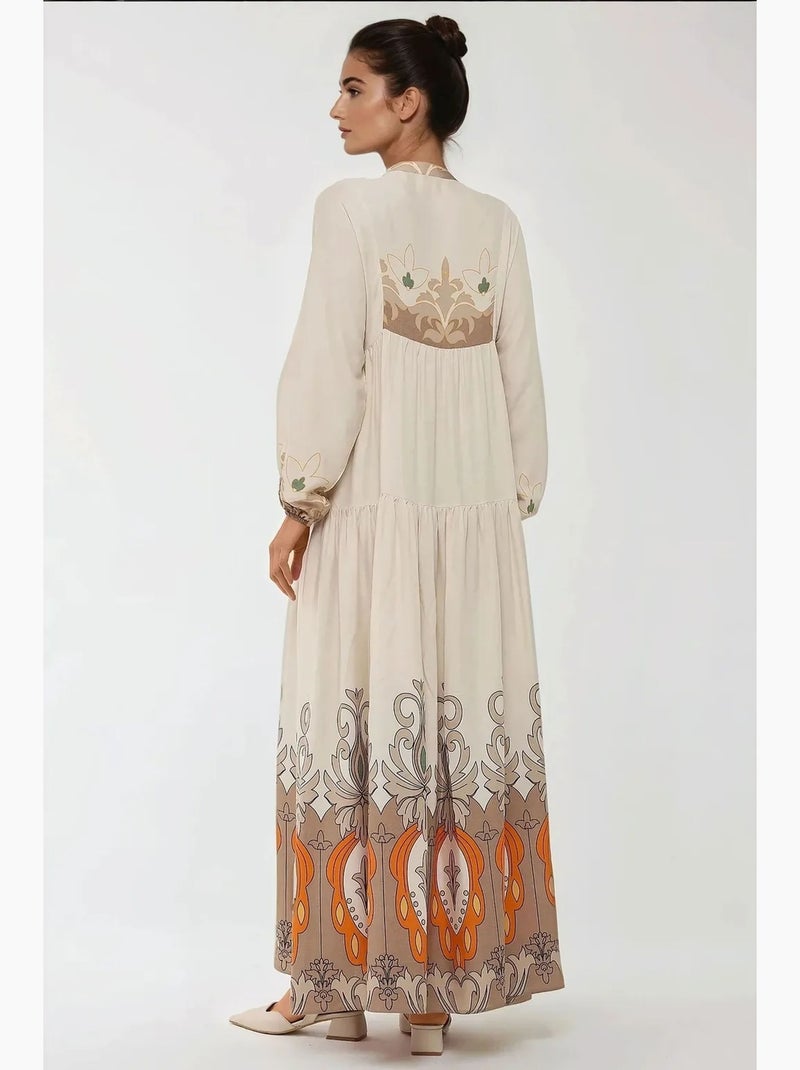Robe longue imprimée à manches longues en viscose hiccup Beige argile - Kiabi