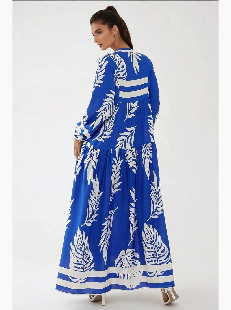 Robe longue imprimée à manches longues en viscose hiccup Bleu électrique - Kiabi