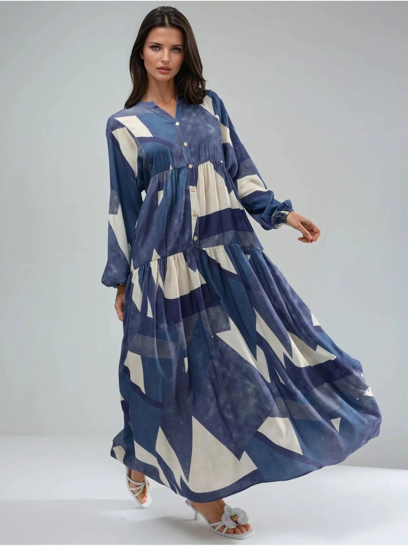 Robe longue imprimée à manches longues en viscose hiccup Bleu marine - Kiabi