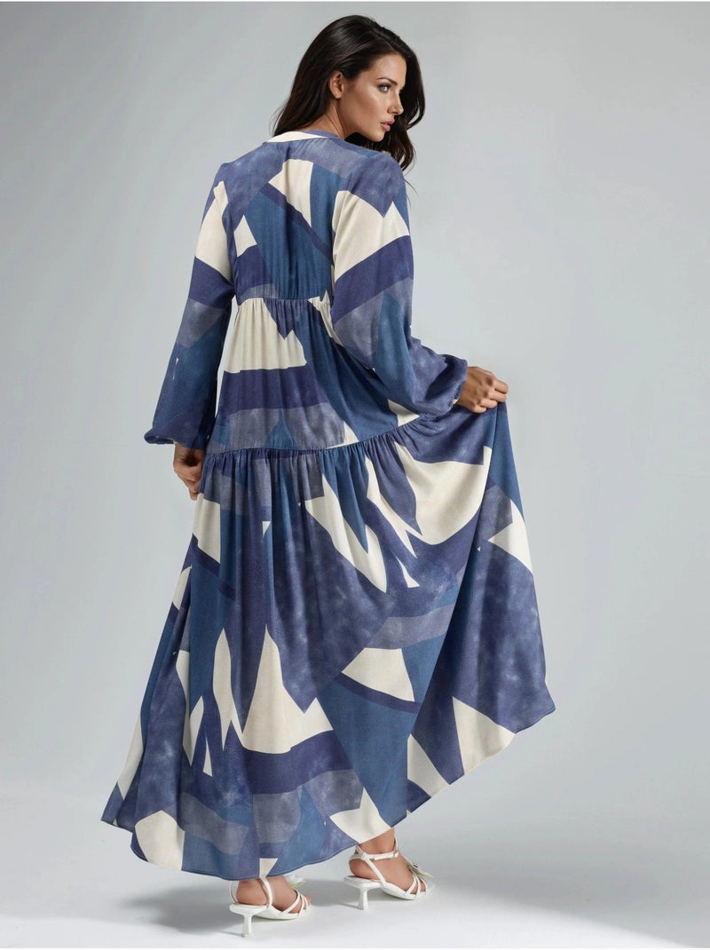 Robe longue imprimée à manches longues en viscose hiccup Bleu marine - Kiabi