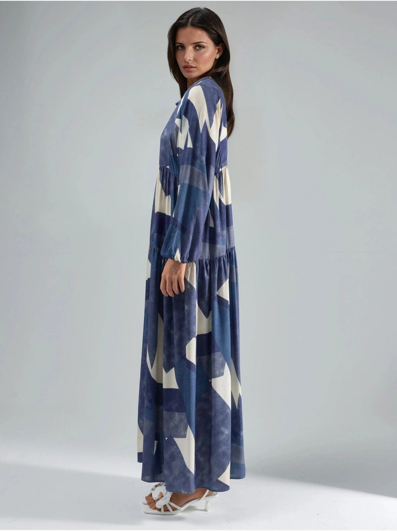 Robe longue imprimée à manches longues en viscose hiccup Bleu marine - Kiabi