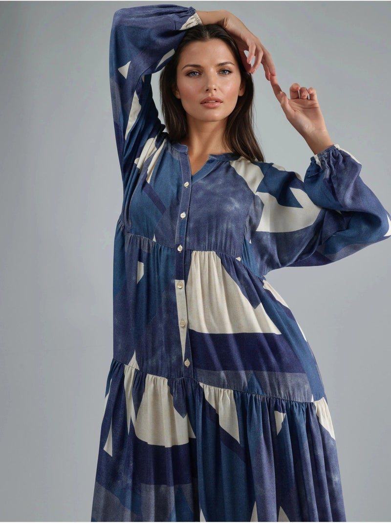Robe longue imprimée à manches longues en viscose hiccup Bleu marine - Kiabi