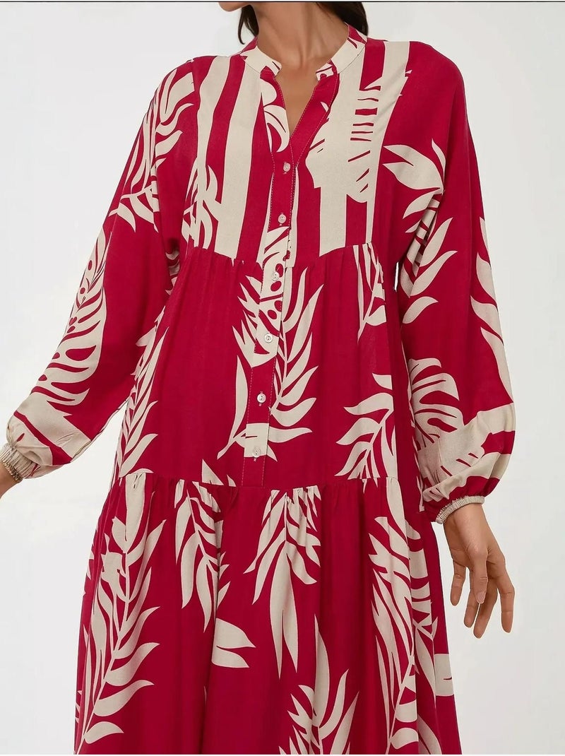 Robe longue imprimée à manches longues en viscose hiccup Framboise - Kiabi