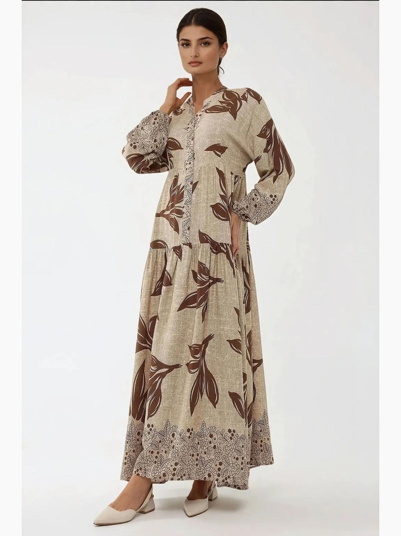 Robe longue imprimée à manches longues en viscose hiccup Marron - Kiabi