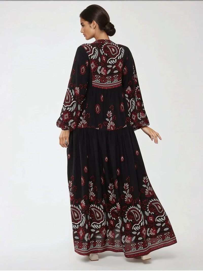 Robe longue imprimée à manches longues en viscose hiccup Noir - Kiabi