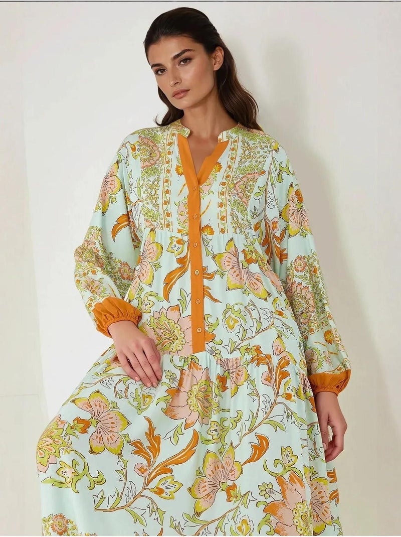 Robe longue imprimée à manches longues en viscose hiccup Orange - Kiabi