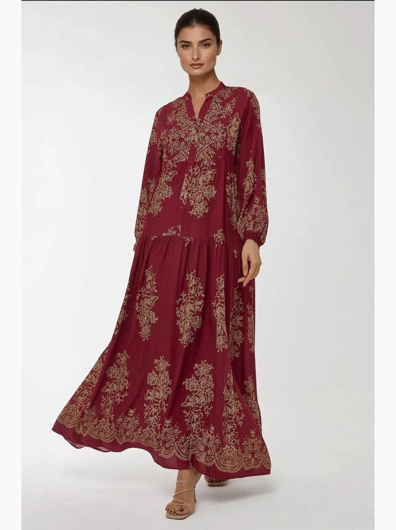 Robe longue imprimée à manches longues en viscose hiccup Rouge - Kiabi