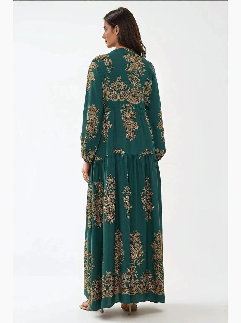 Robe longue imprimée à manches longues en viscose hiccup Vert foncé - Kiabi