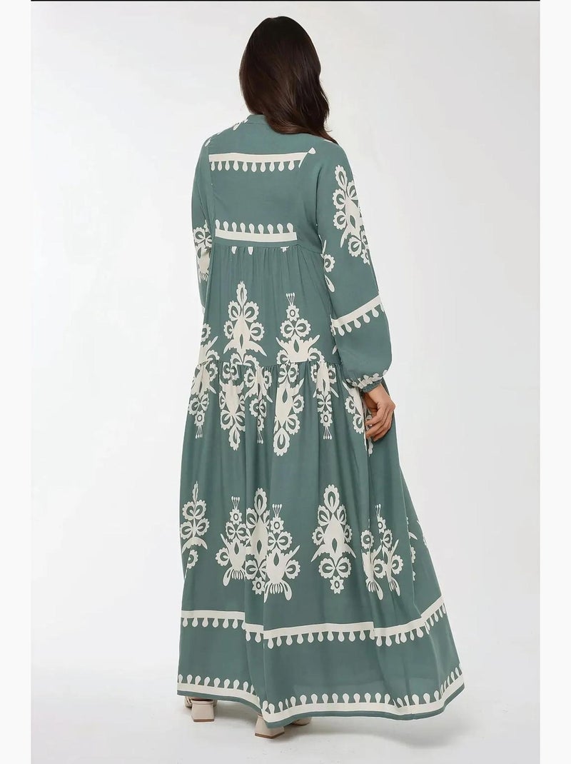 Robe longue imprimée à manches longues en viscose hiccup Vert pastel - Kiabi