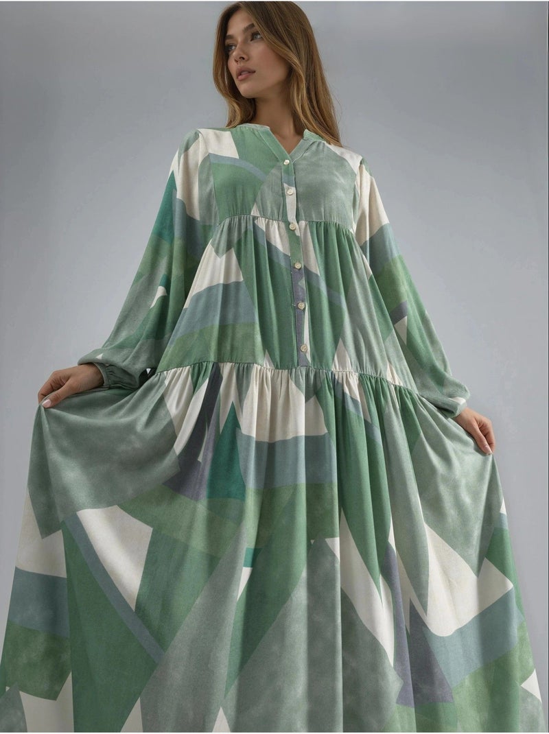 Robe longue imprimée à manches longues en viscose hiccup Vert pastel - Kiabi