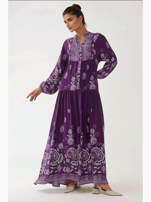 Robe longue imprimée à manches longues en viscose hiccup - Kiabi Robe longue imprimée à manches longues en viscose hiccup - Kiabi