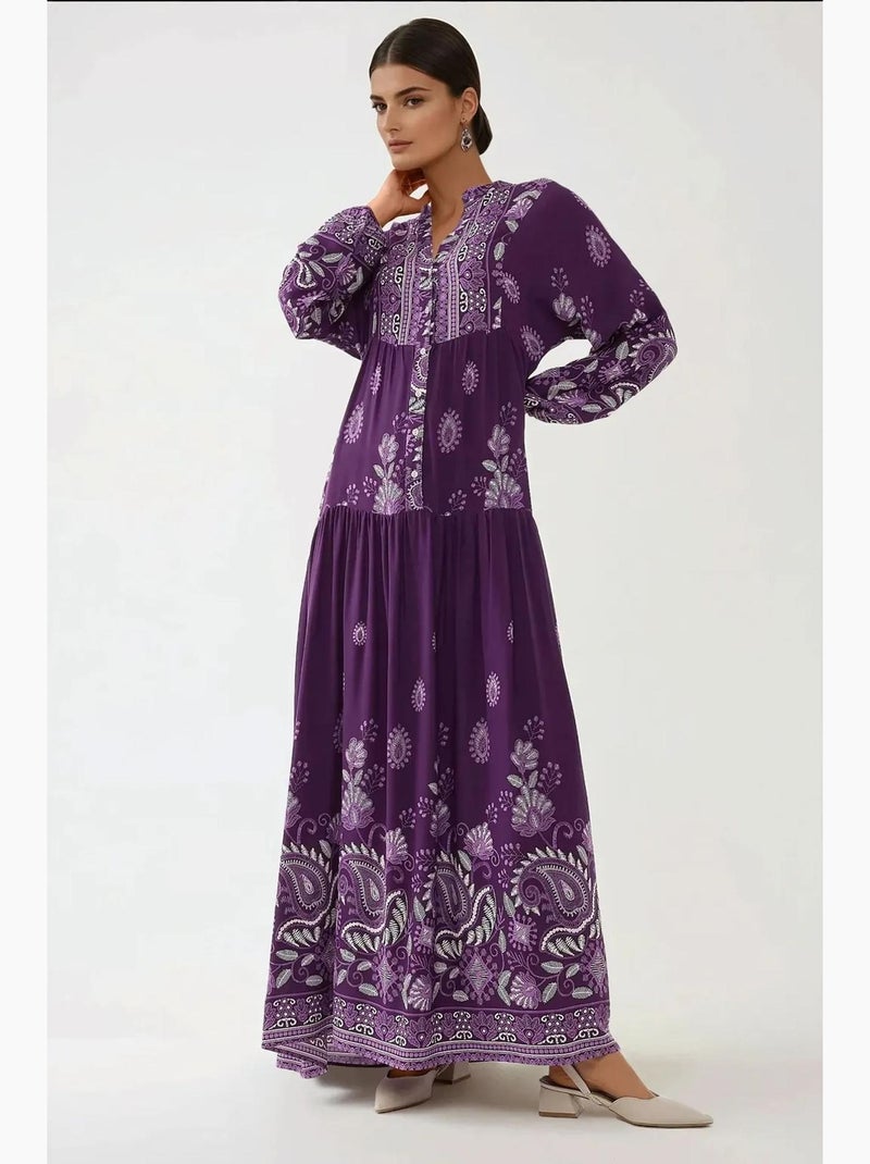 Robe longue imprimée à manches longues en viscose hiccup Violet - Kiabi