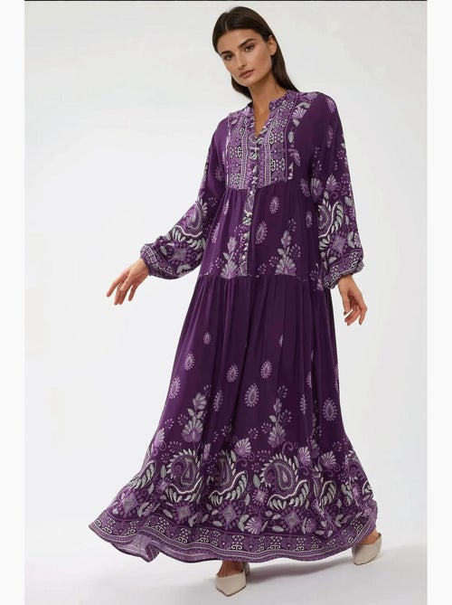 Robe longue imprimée à manches longues en viscose hiccup - Kiabi Robe longue imprimée à manches longues en viscose hiccup - Kiabi