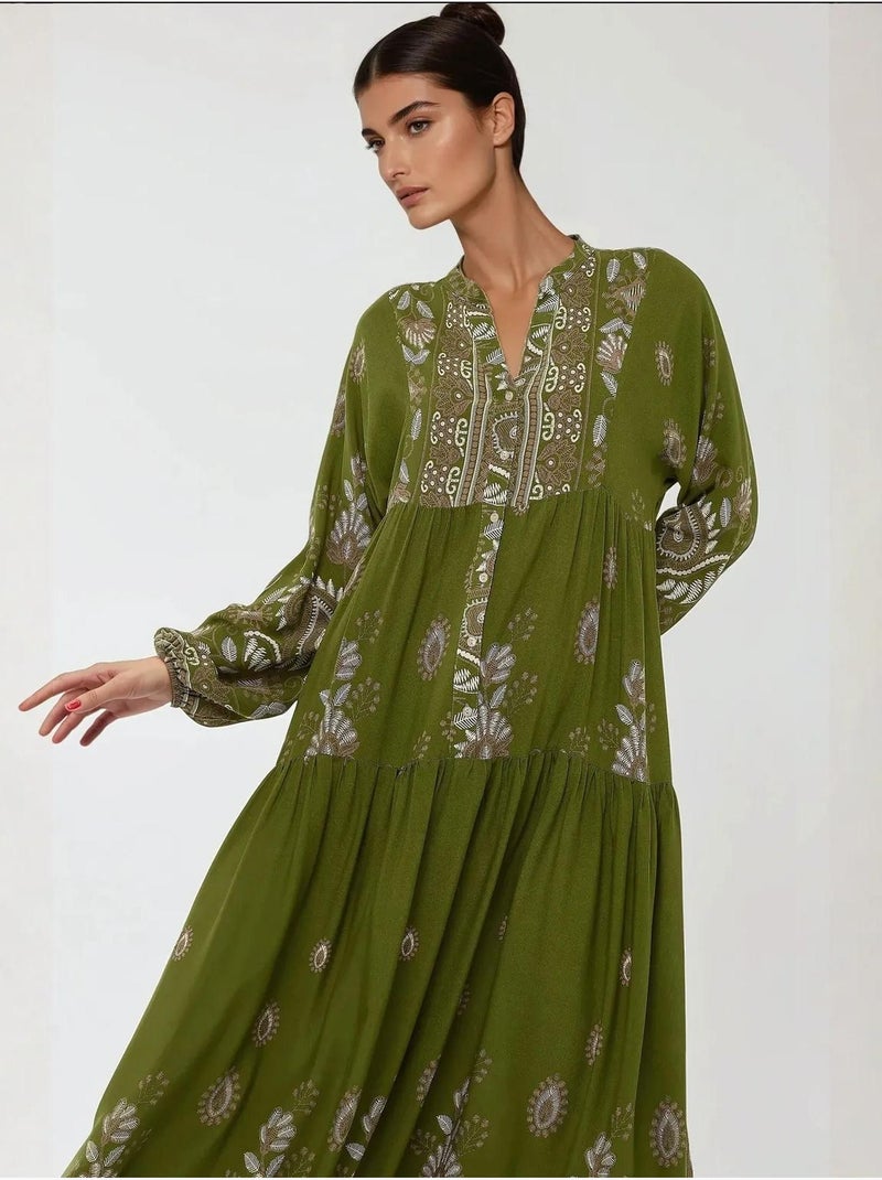 Robe longue imprimée à manches longues en viscose Kaki - Kiabi