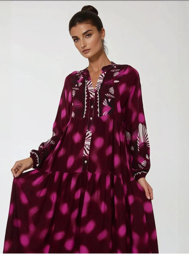 Robe longue imprimée à manches longues en viscose Magenta - Kiabi