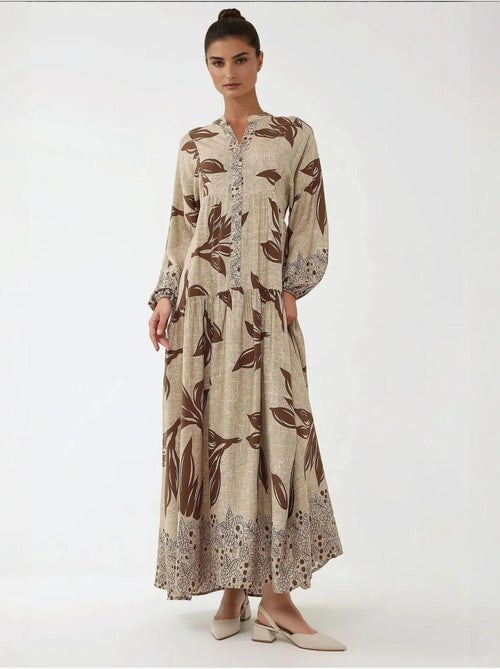 Robe longue imprimée à manches longues en viscose - Kiabi