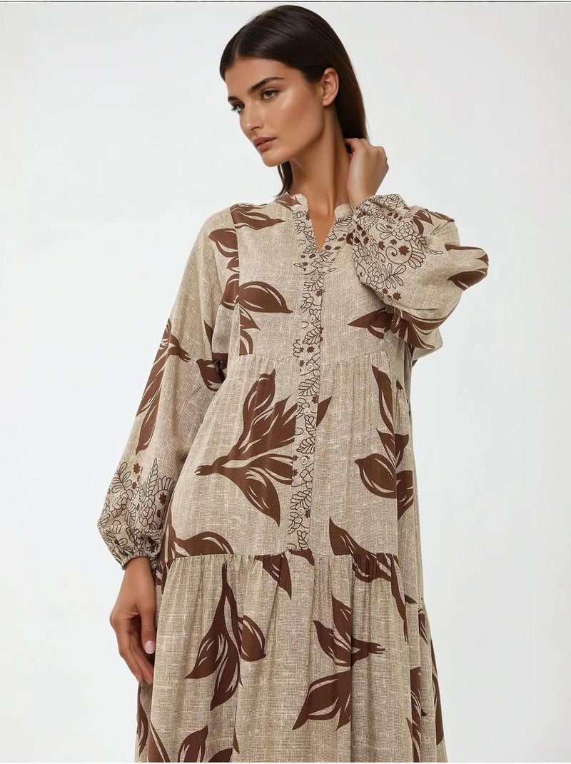 Robe longue imprimée à manches longues en viscose Marron - Kiabi