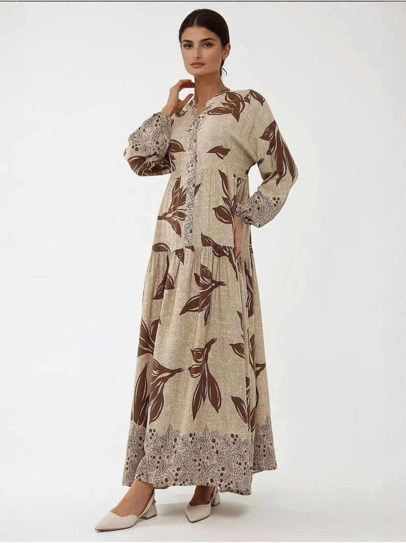 Robe longue imprimée à manches longues en viscose Marron - Kiabi