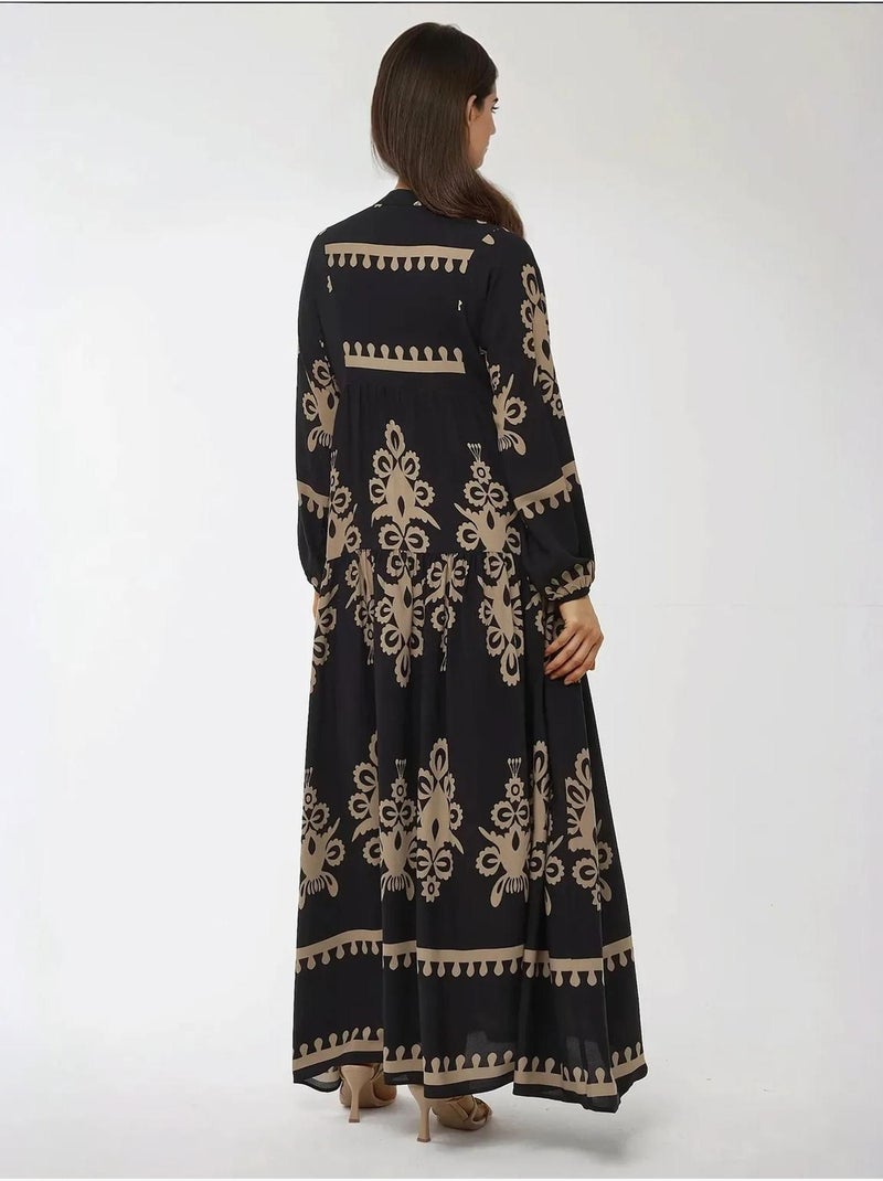 Robe longue imprimée à manches longues en viscose Noir - Kiabi