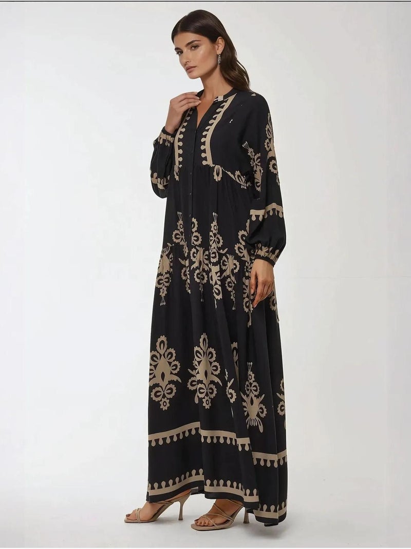 Robe longue imprimée à manches longues en viscose Noir - Kiabi
