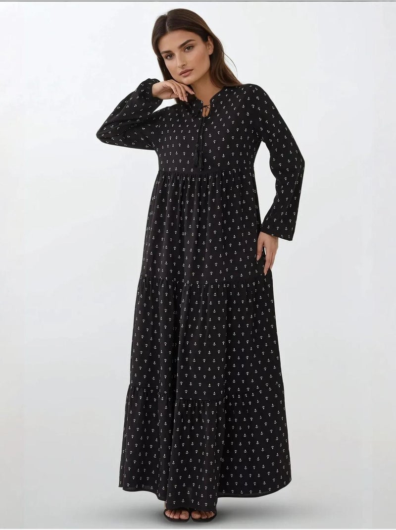 Robe longue imprimée à manches longues en viscose Noir - Kiabi