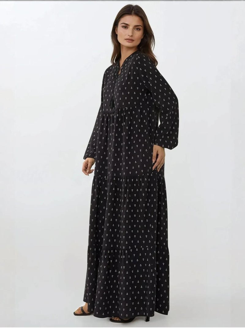 Robe longue imprimée à manches longues en viscose Noir - Kiabi
