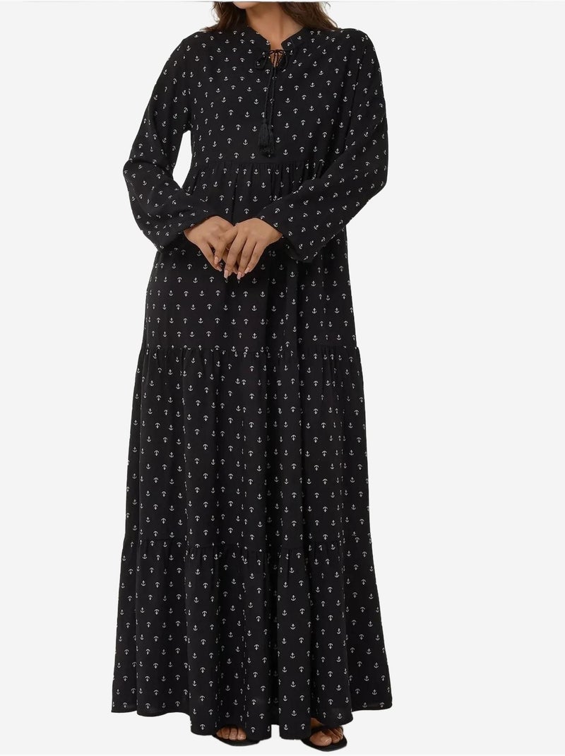 Robe longue imprimée à manches longues en viscose Noir - Kiabi