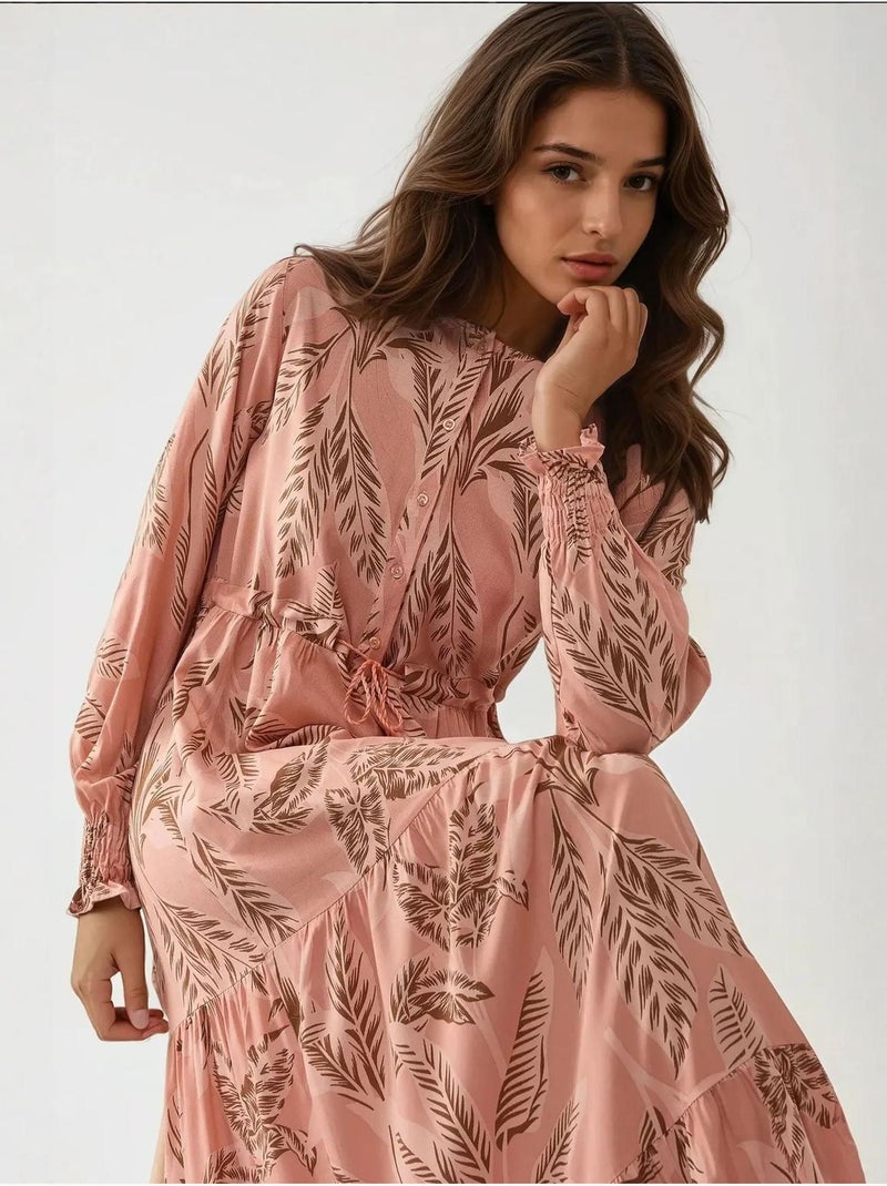 Robe longue imprimée à manches longues en viscose Rose dragée - Kiabi