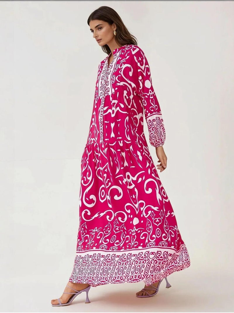 Robe longue imprimée à manches longues en viscose Rose - Kiabi