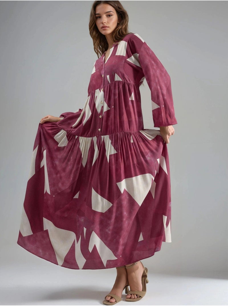 Robe longue imprimée à manches longues en viscose Rouge - Kiabi