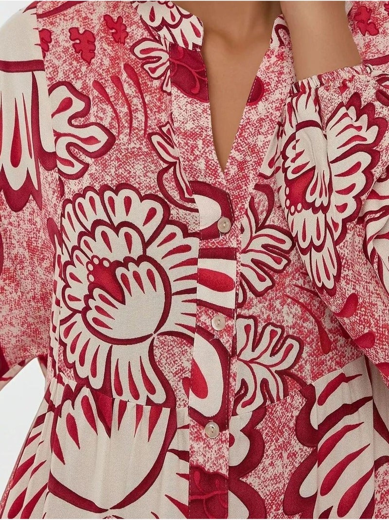 Robe longue imprimée à manches longues en viscose Rouge - Kiabi
