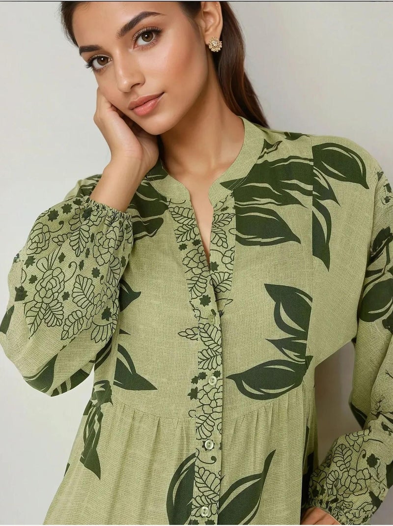 Robe longue imprimée à manches longues en viscose Vert clair - Kiabi